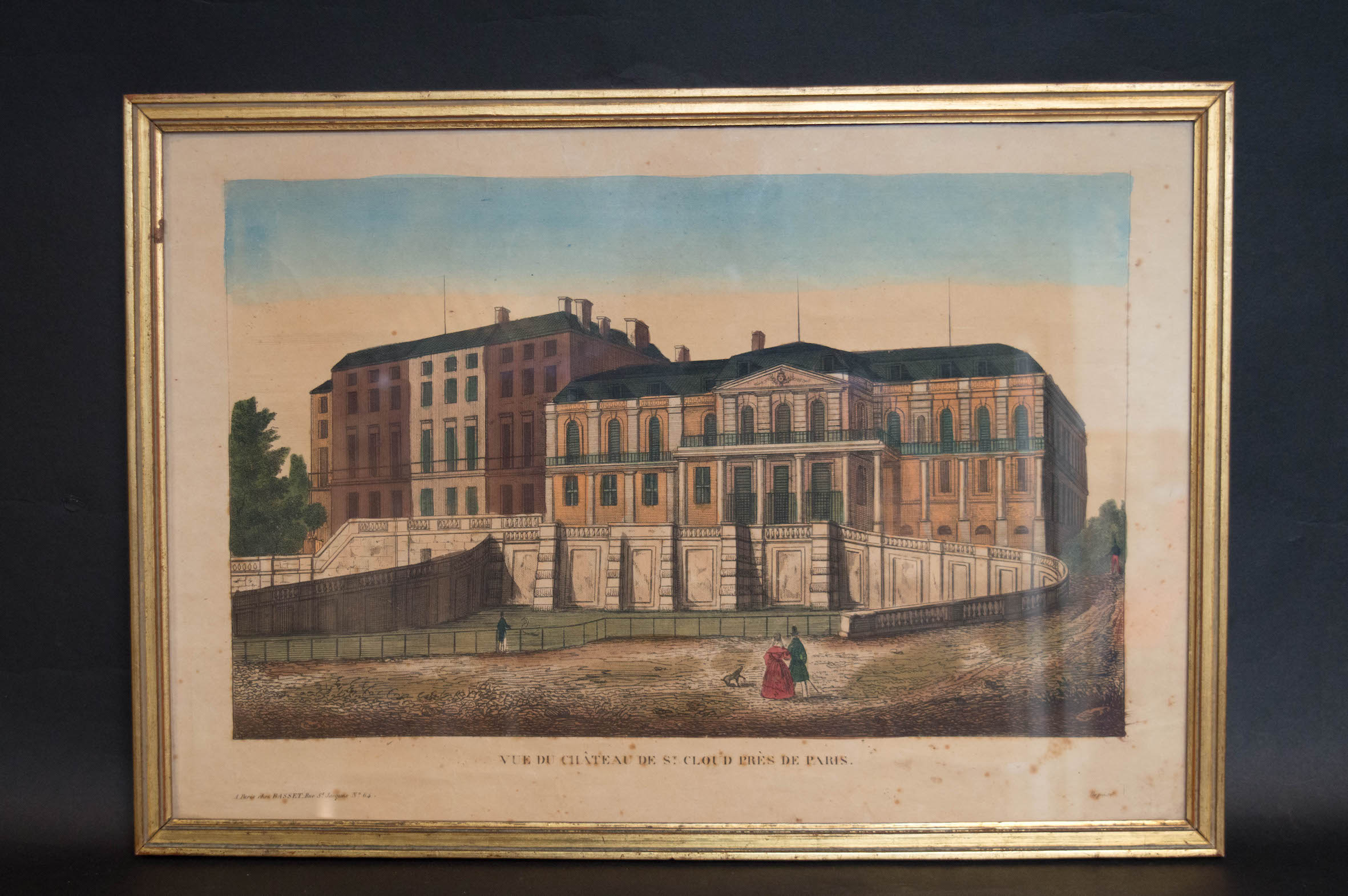 Vue du château de Saint Cloud, près de Paris". Gravure rehaussée à  l'aquarelle.